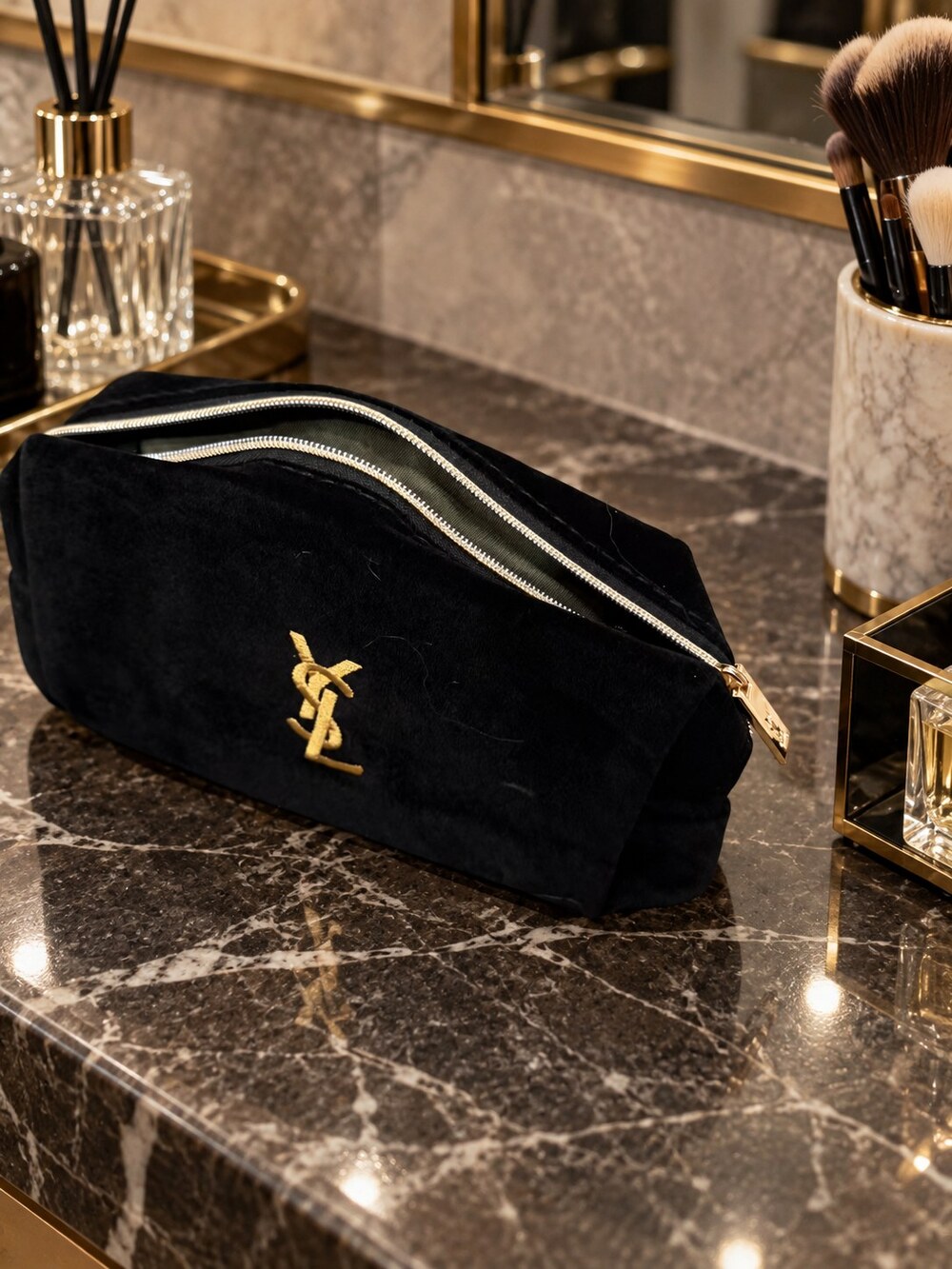 Yves Saint Laurent Black Velvet Makeup Bag | Soft Velvet Texture - Picture 6 of 6
